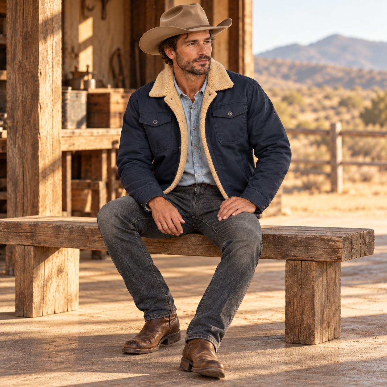 Navy sherpa-lined trucker jacket
