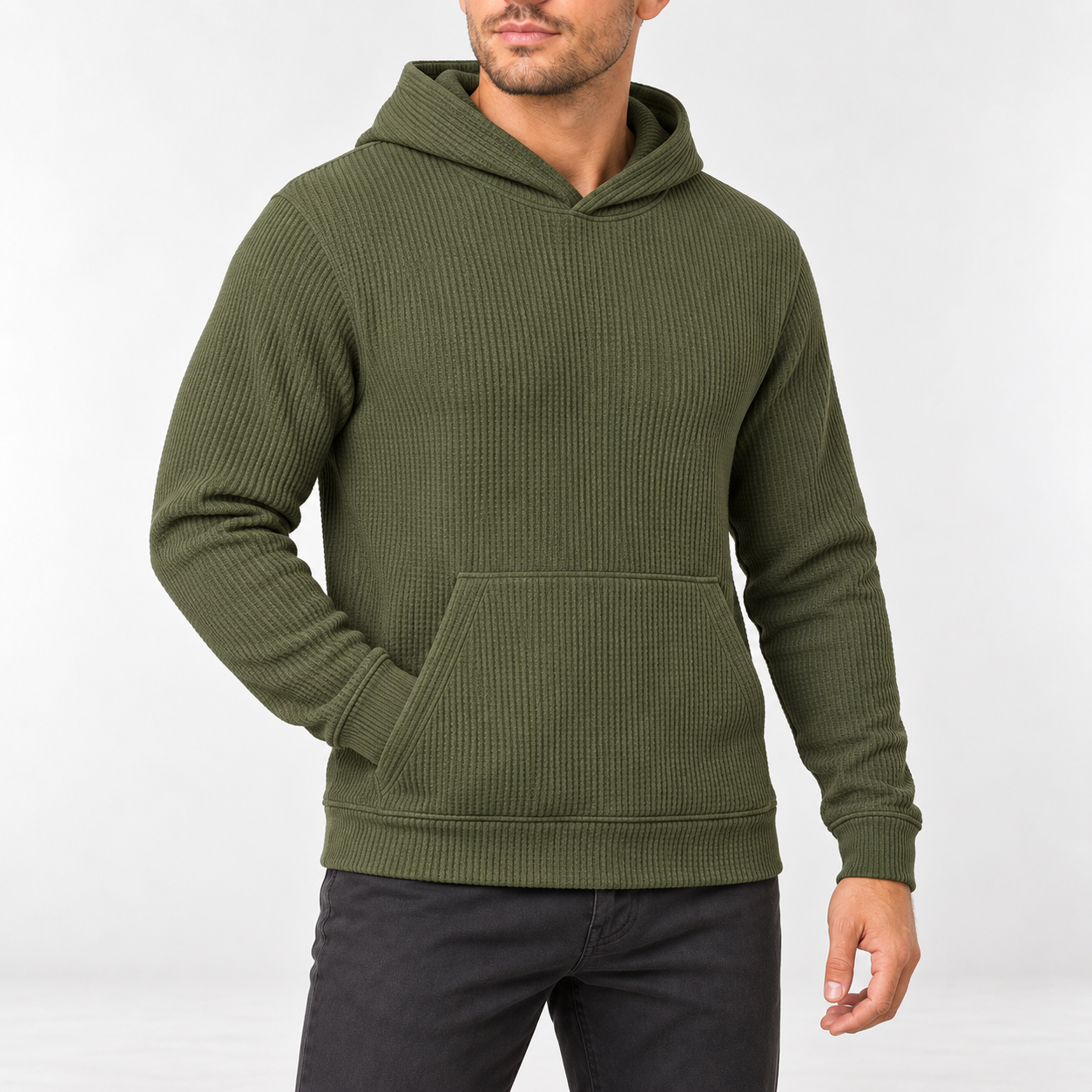 Men's Olive waffle knit pullover hoodie