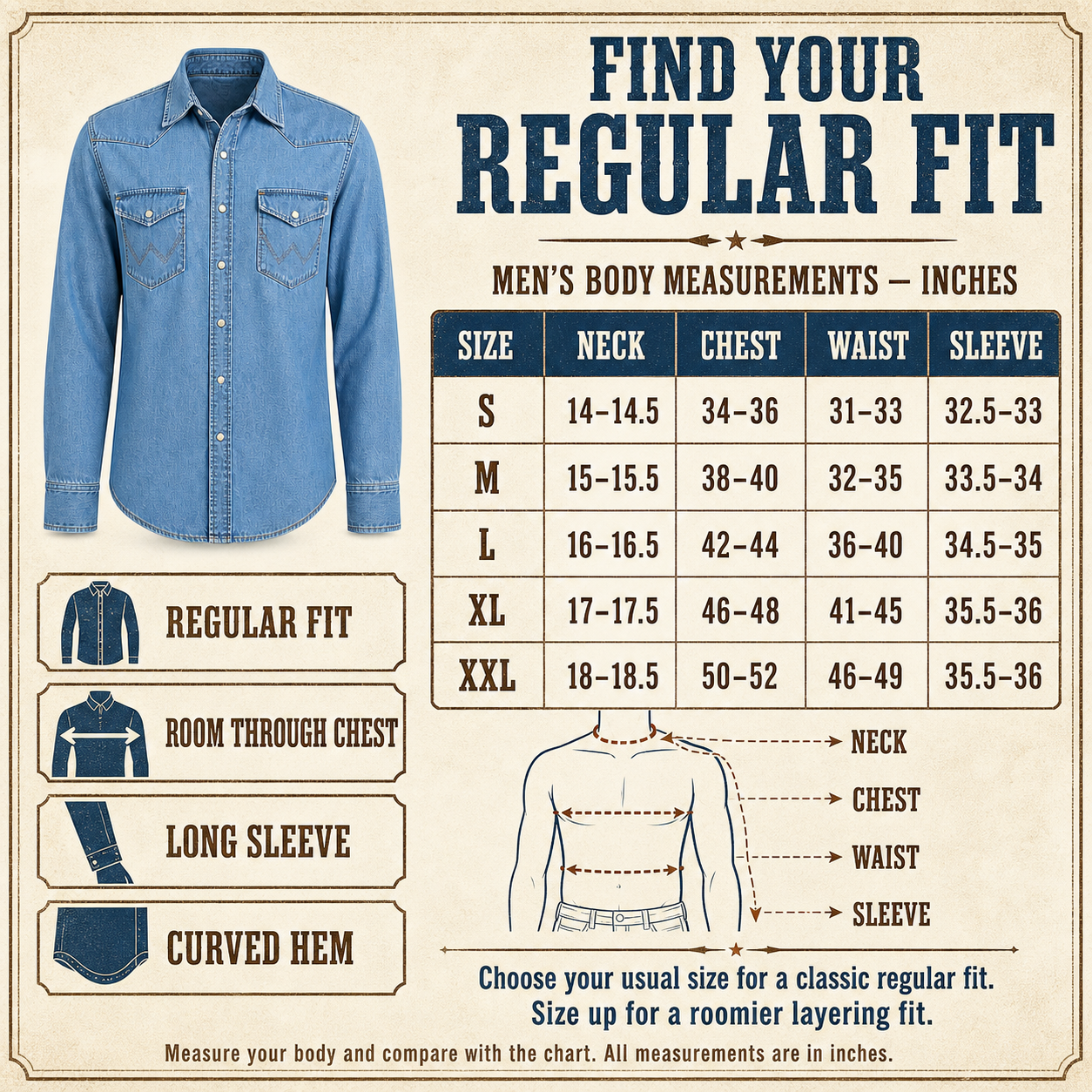 Men's regular fit western snap shirt size guide