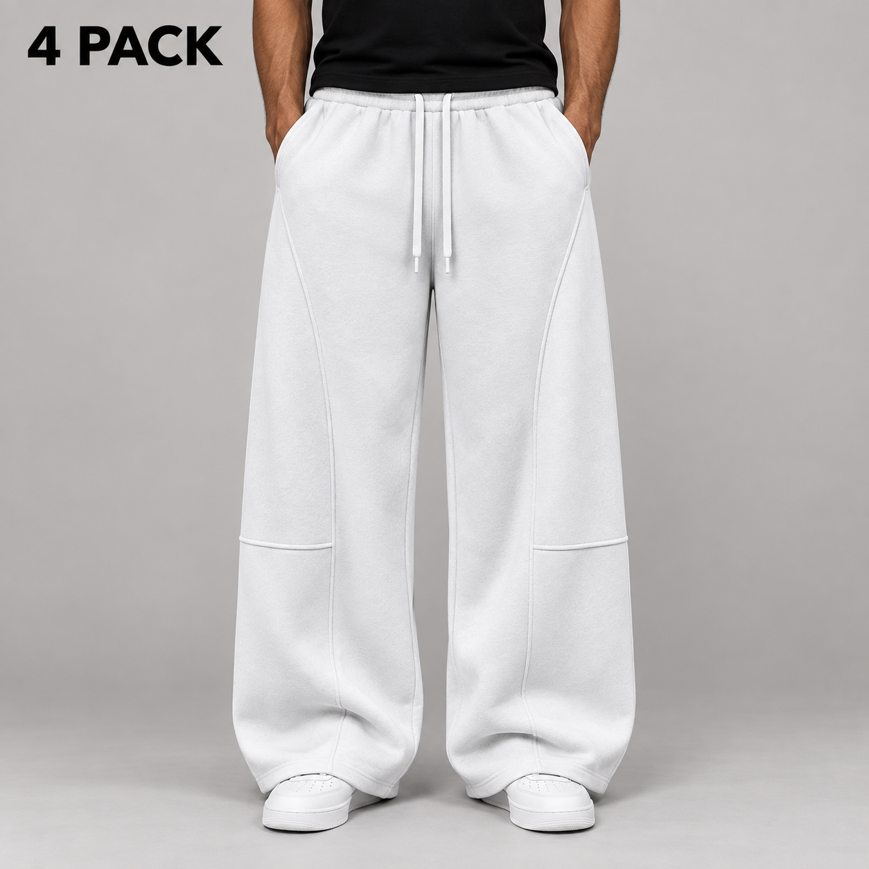 Faceless adult male wearing white wide-leg sweatpants, labeled 4 PACK.
