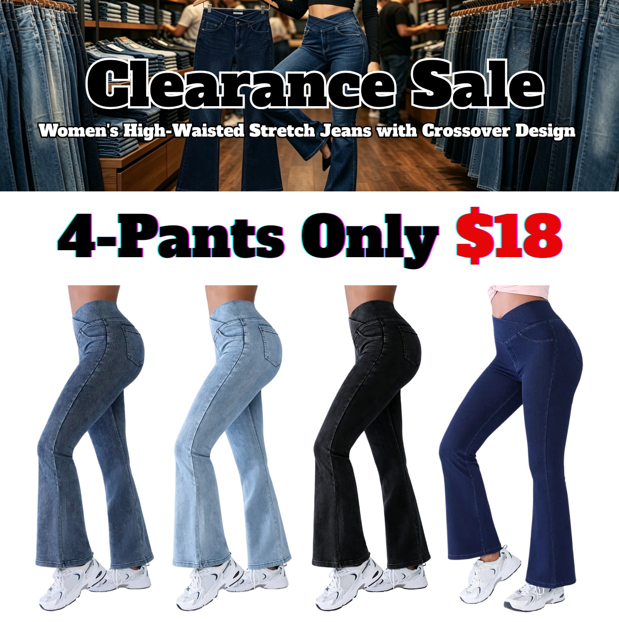 ⚡FINAL SALE⚡Women's High-Waisted Stretch Jeans with Crossover Design — Slim-Fit Flared Denim Leggings