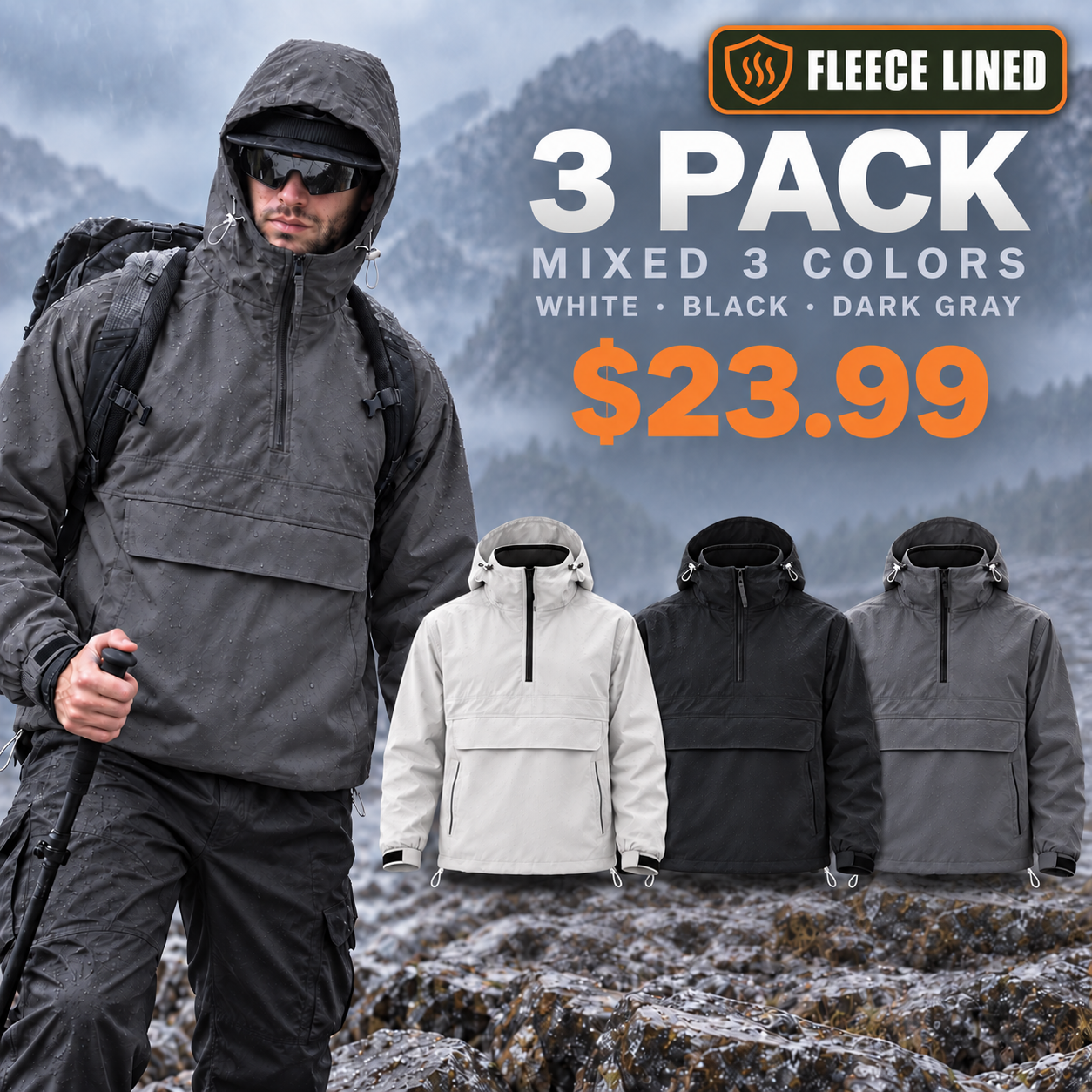 Fleece Lined 3 Pack in White Black and Dark Gray