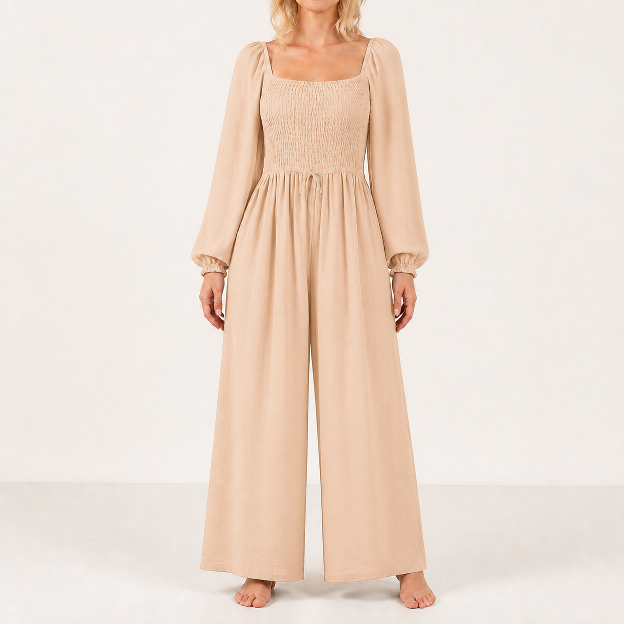 Women's square-neck smocked wide-leg jumpsuit — Apricot 8-Pack