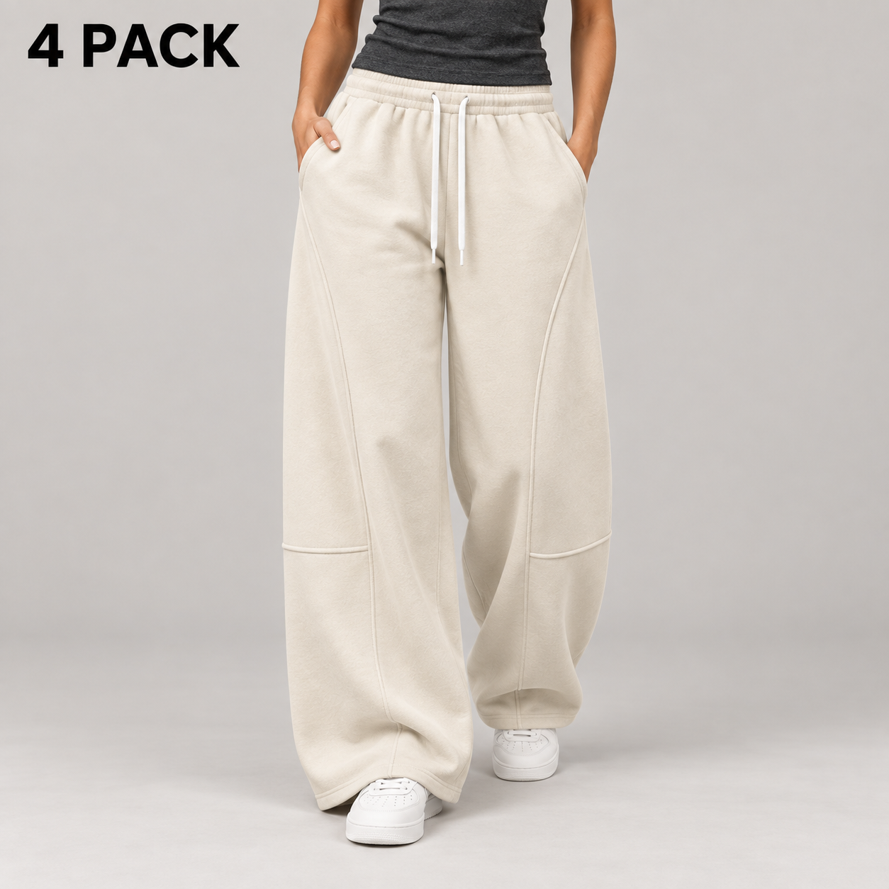 Faceless adult female wearing cream wide-leg sweatpants, labeled 4 PACK.