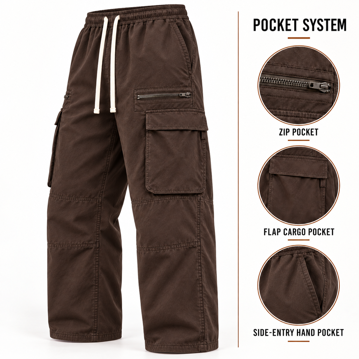 Dark Brown cargo pants with labeled zipper, flap cargo, and side-entry pocket details