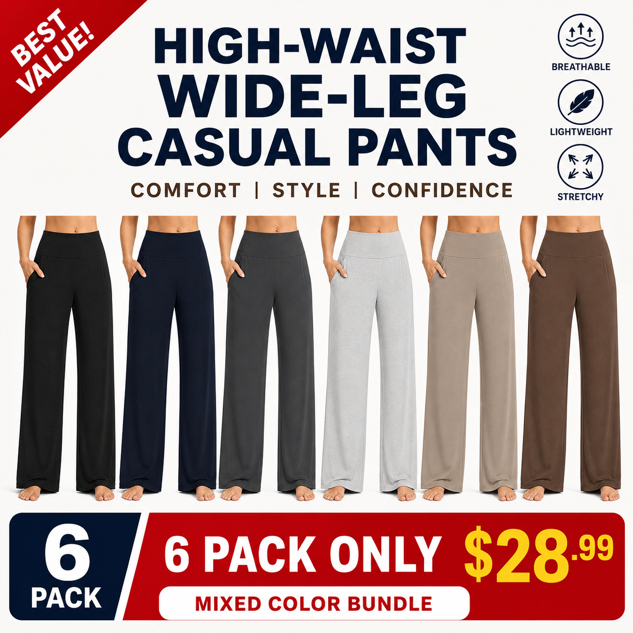 Mixed 6-Pack clearance bundle high-waist wide-leg casual pants