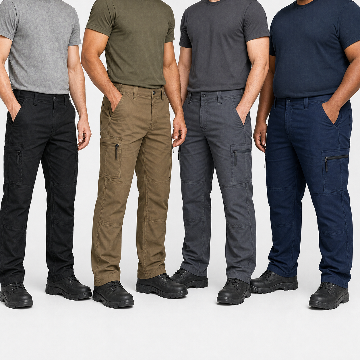 Men wearing tactical cargo work pants in multiple colors