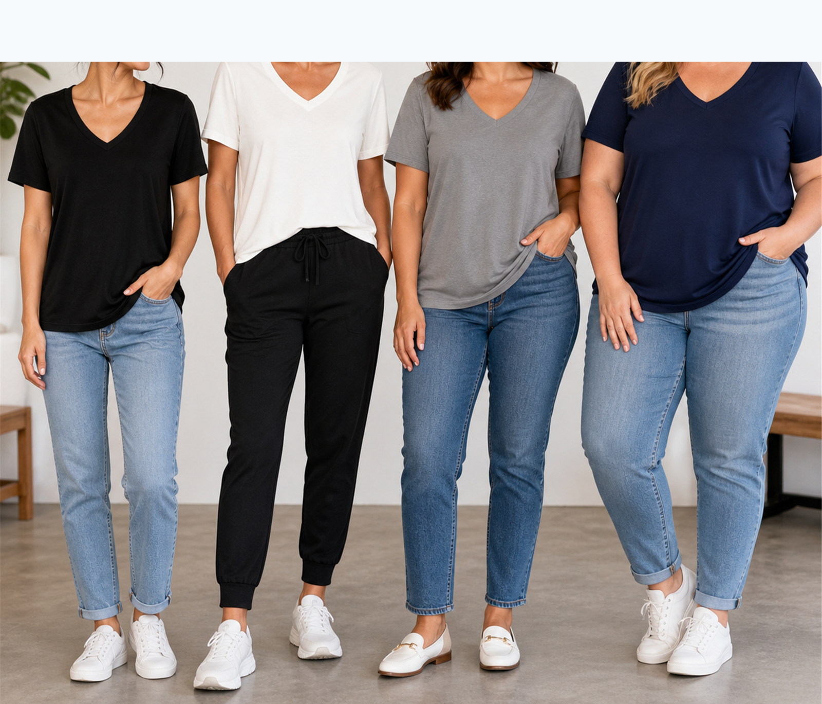 Women's soft V-neck T-shirt group photo in black white grey and navy blue