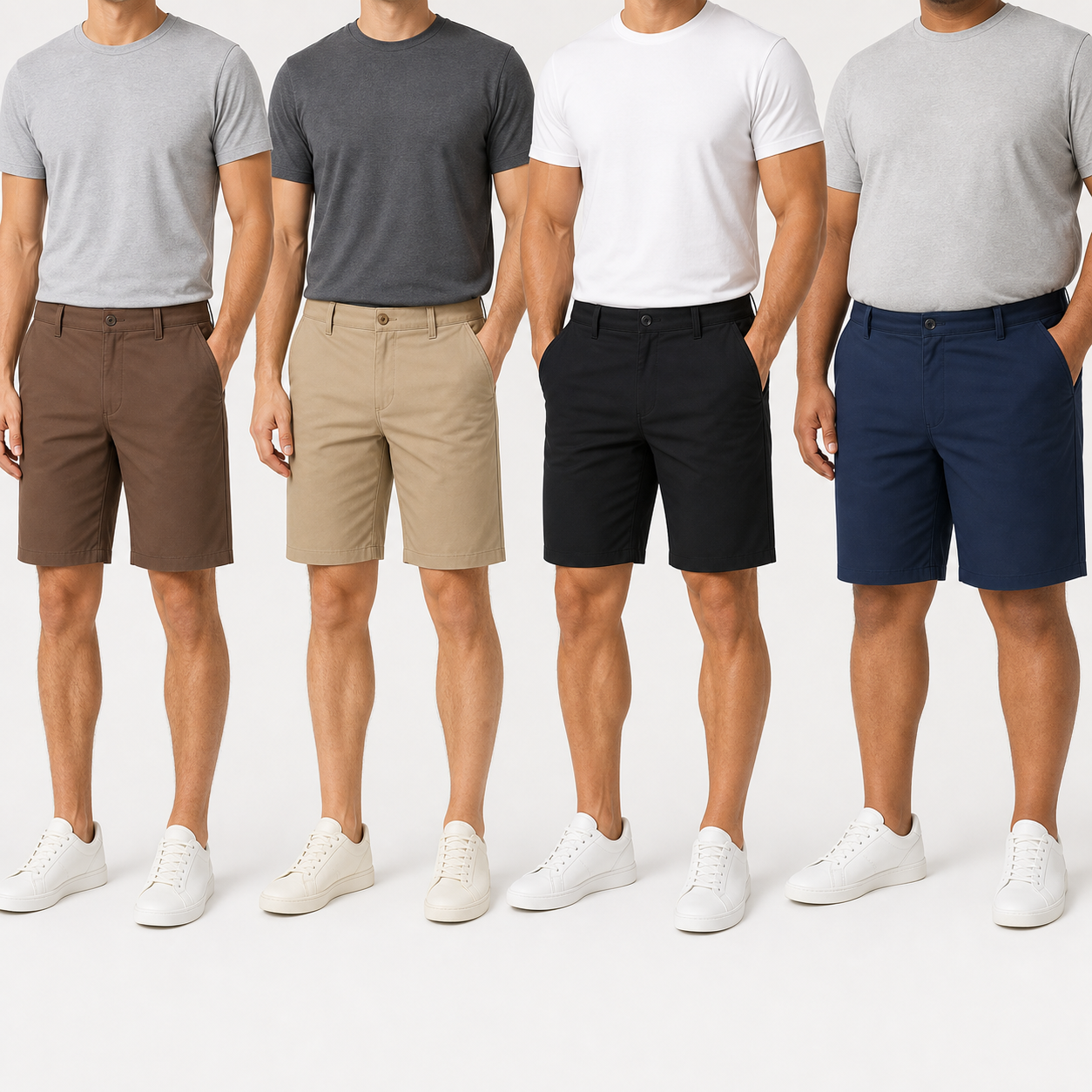 Men's 9-inch shorts fit comparison on multiple body types