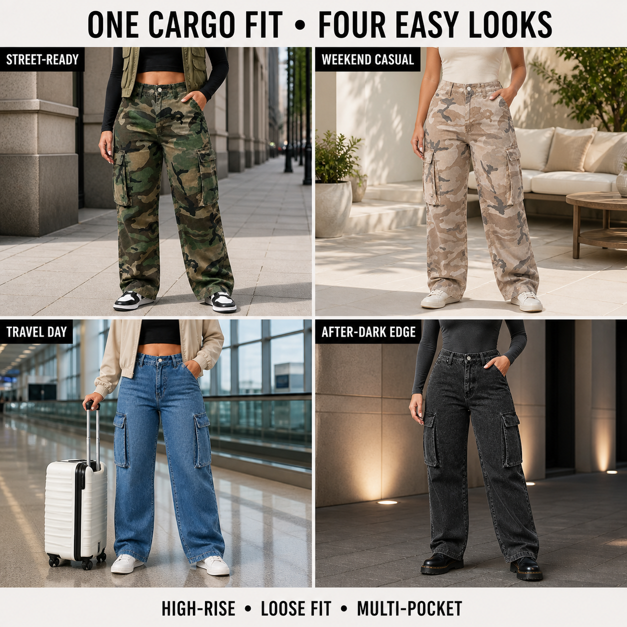 Four styling ideas for women's loose-fit cargo denim jeans