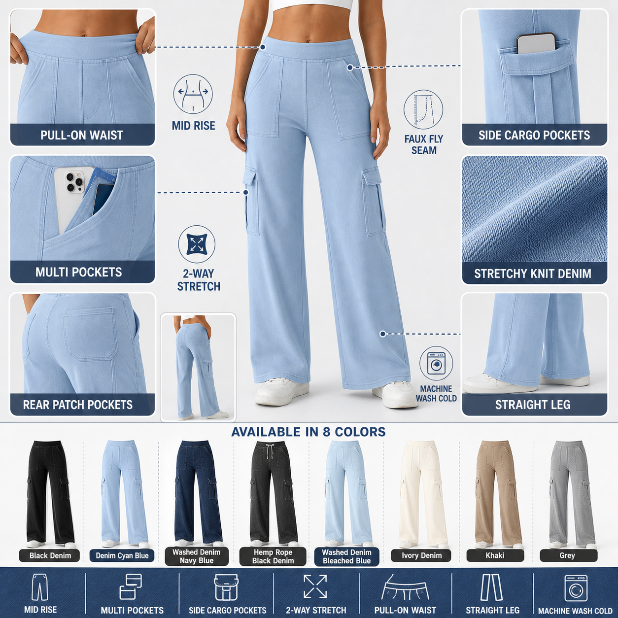 Multi-pocket and stretchy knit denim feature details