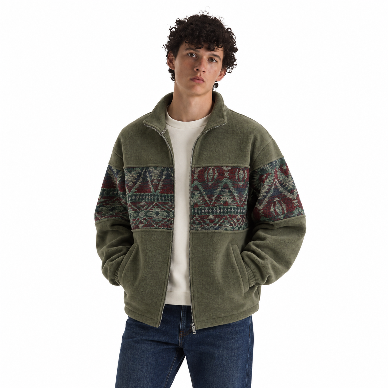 Olive ethnic-pattern fleece jacket modeled with classic denim