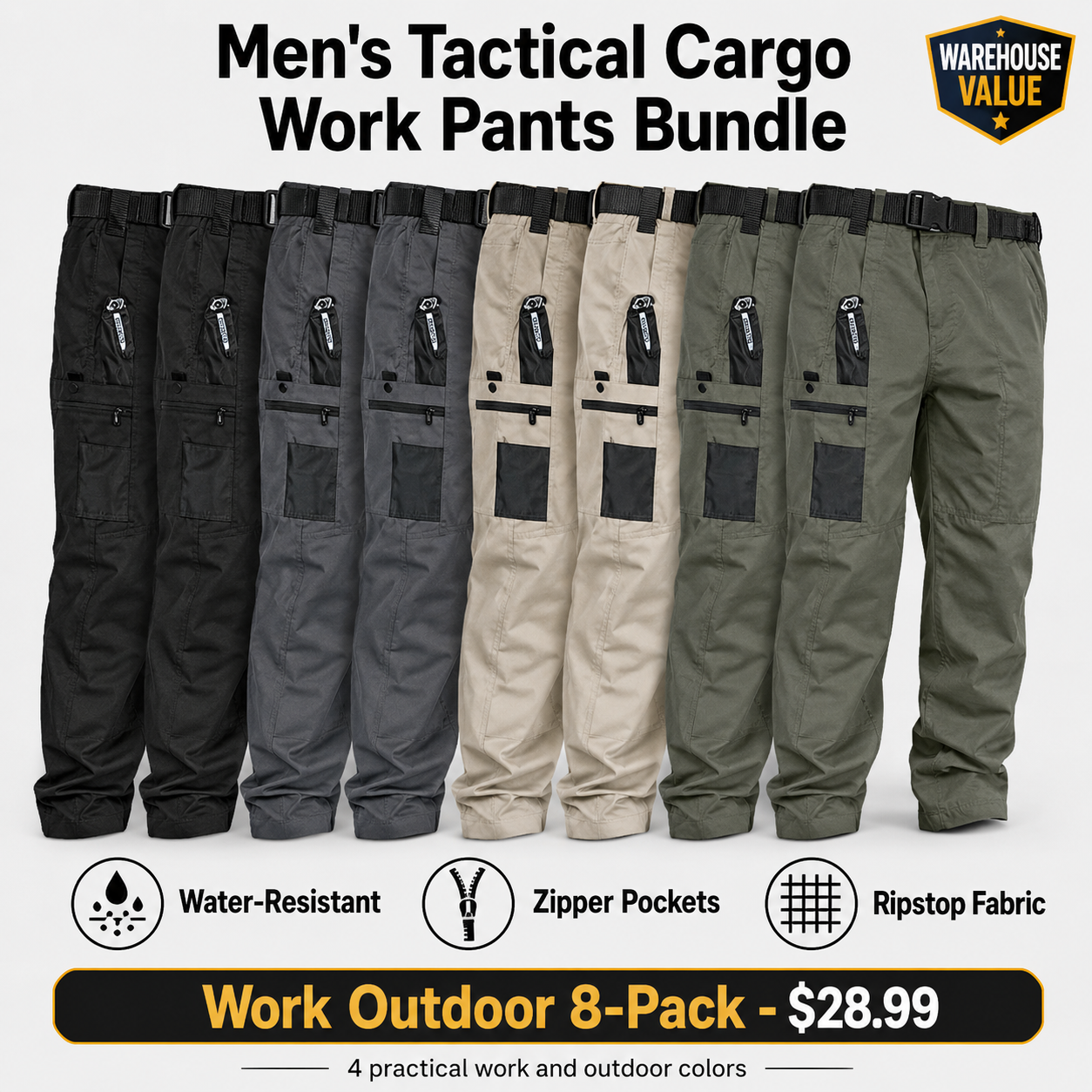 Work Outdoor 8-Pack men's tactical cargo work pants bundle