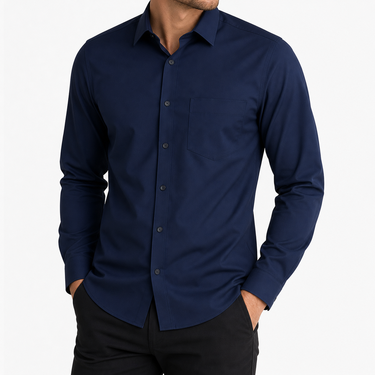 Navy men's slim fit long sleeve button down dress shirt