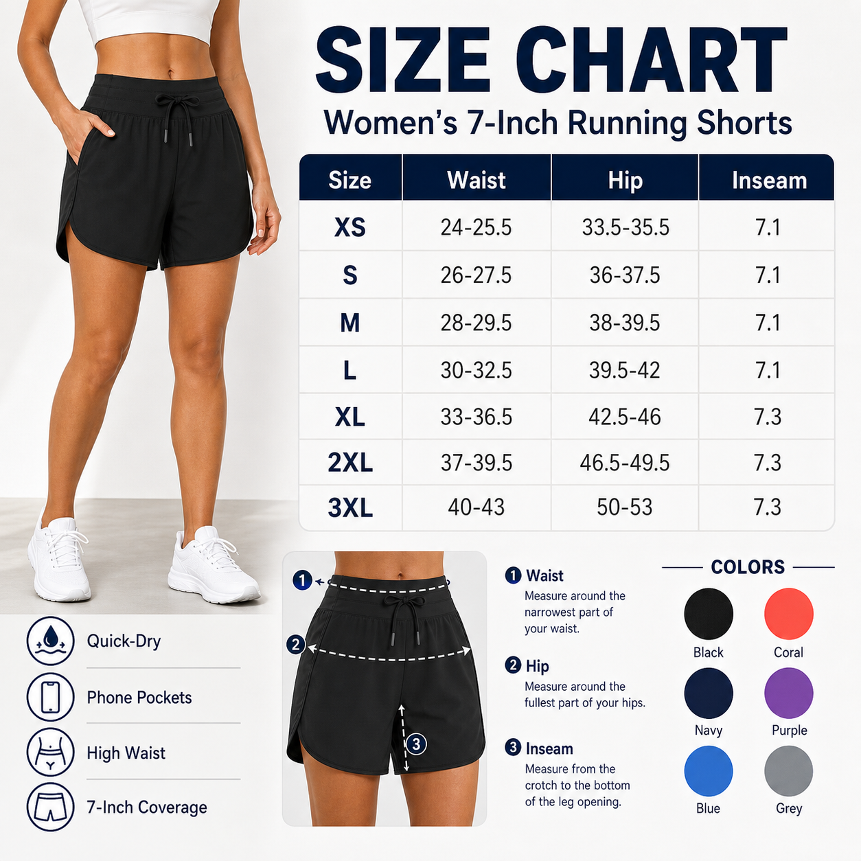 Women's 7-inch running shorts size chart XS to 3XL