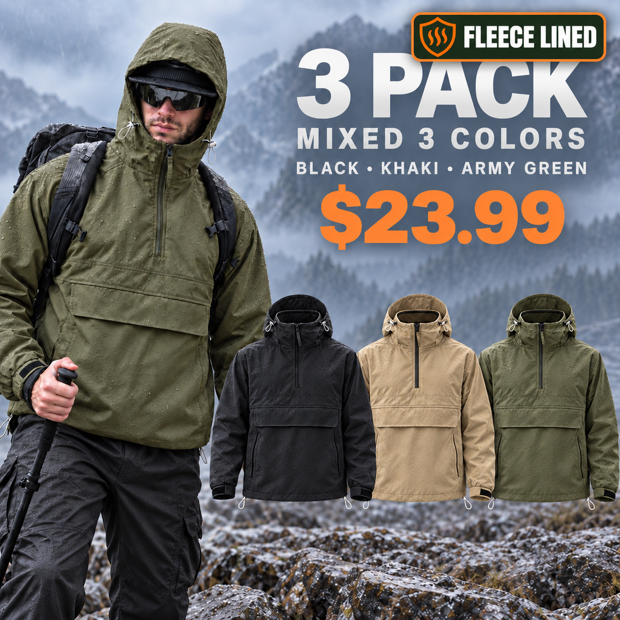 Fleece Lined 3 Pack in Black Khaki and Army Green