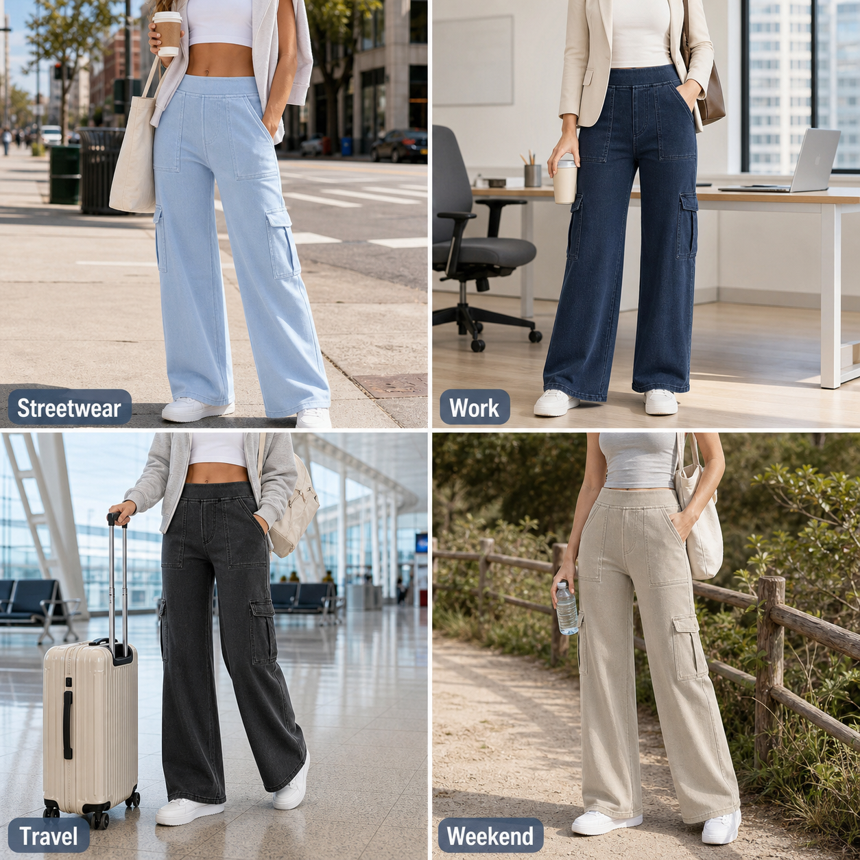 Everyday lifestyle scenes for mid-rise stretchy knit denim cargo jeans