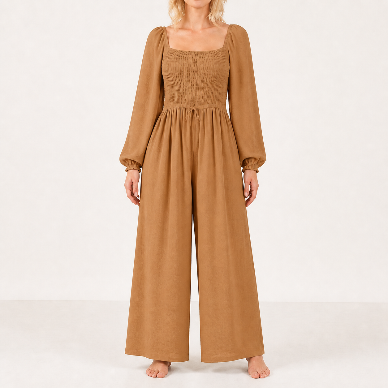 Women's square-neck smocked wide-leg jumpsuit — Camel 8-Pack
