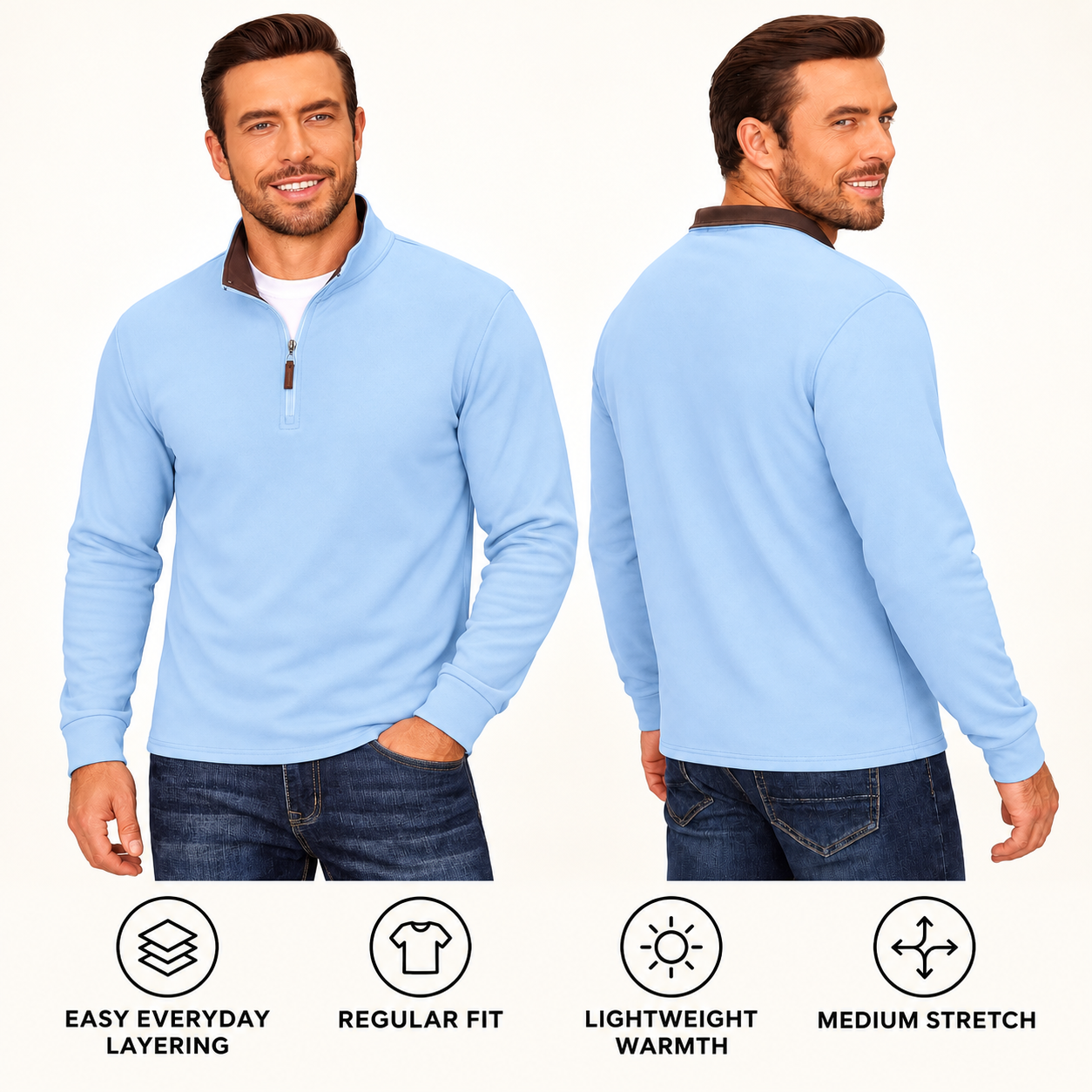 Front and back model views showing the regular fit, lightweight warmth, medium stretch, and easy layering