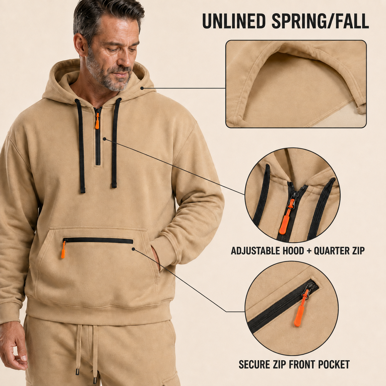 Unlined hood, black quarter zipper, orange pull and front zip pocket details