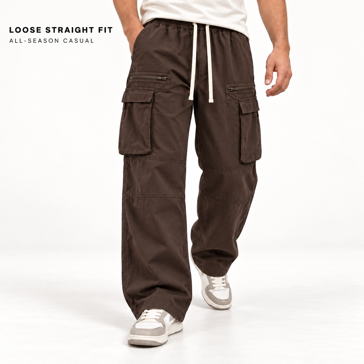 Male model showing the loose straight fit of the Dark Brown cargo pants