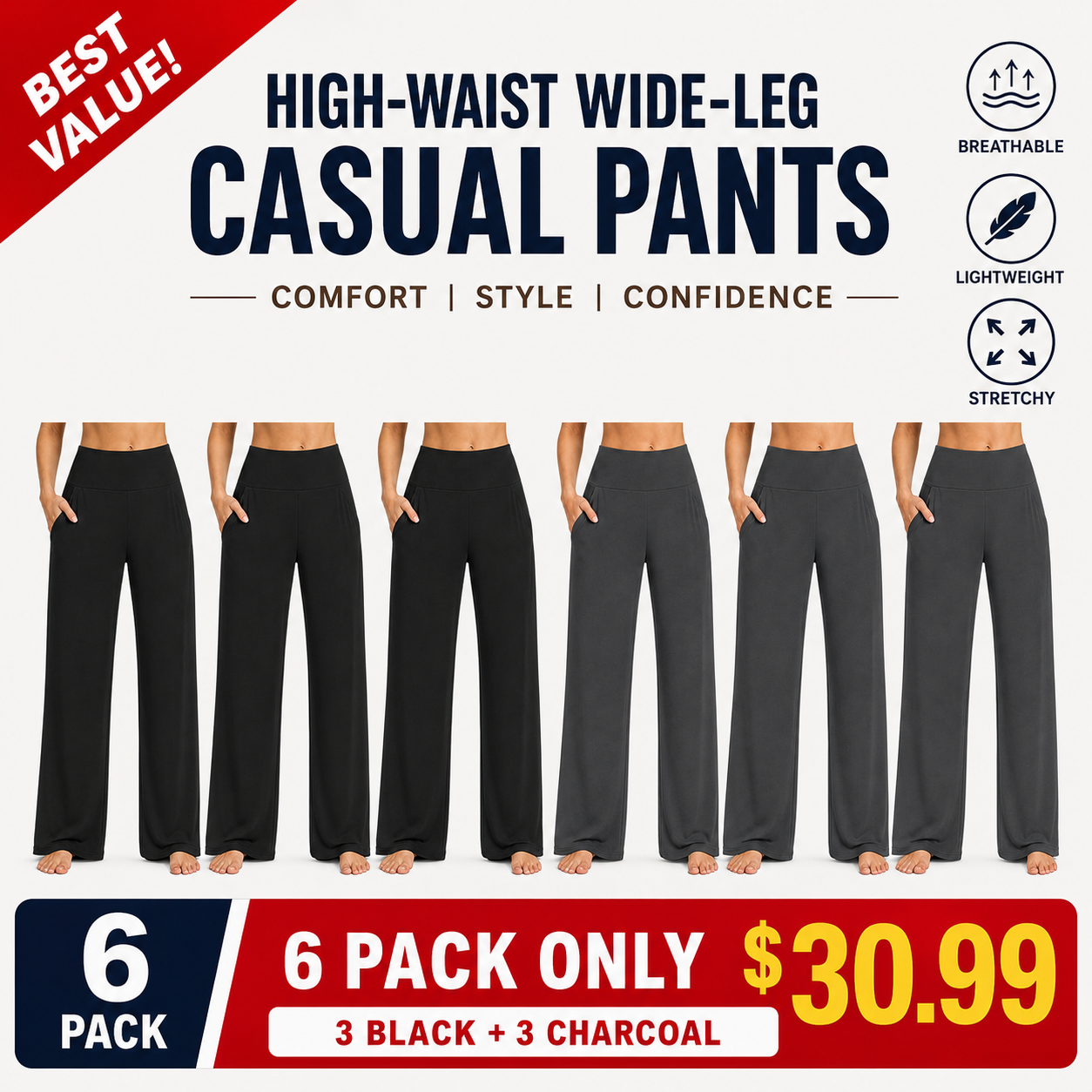 Classic Duo 6-Pack 3 Black and 3 Charcoal high-waist wide-leg casual pants