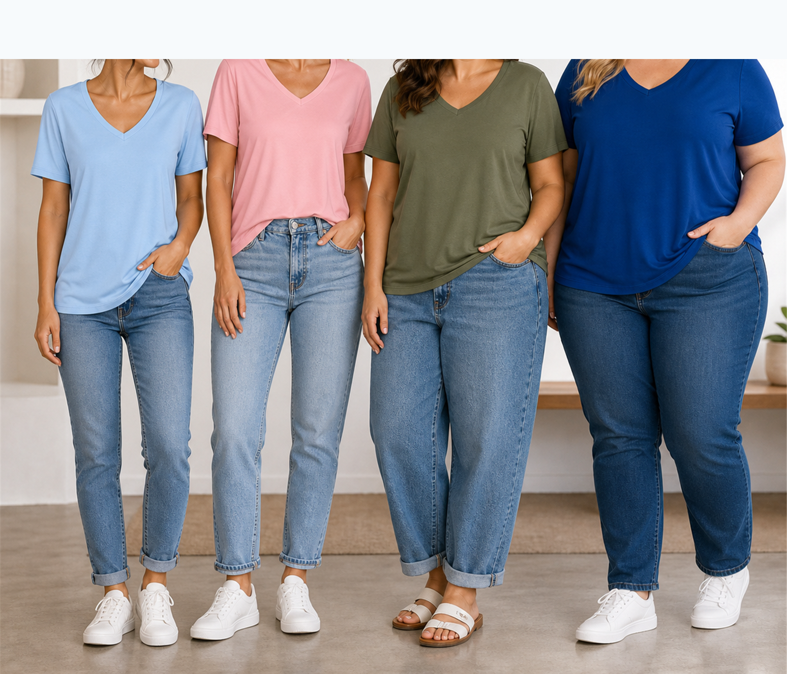 Women's soft V-neck T-shirt group photo in light blue pink army green and royal blue