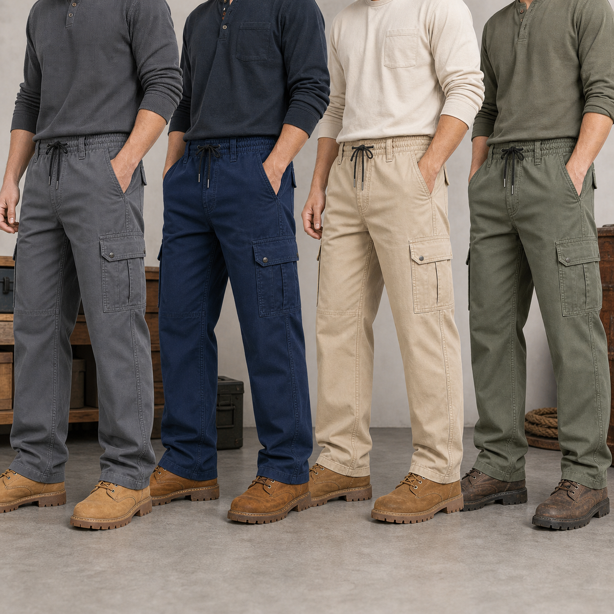 Men's cargo work pants group photo showing alternate colors