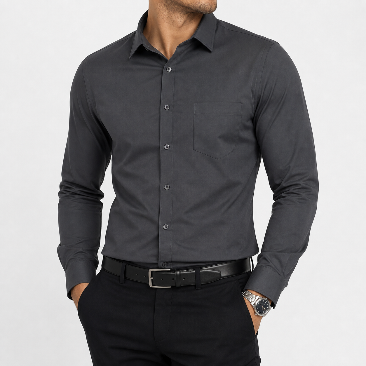 Dark Grey men's slim fit long sleeve button down dress shirt