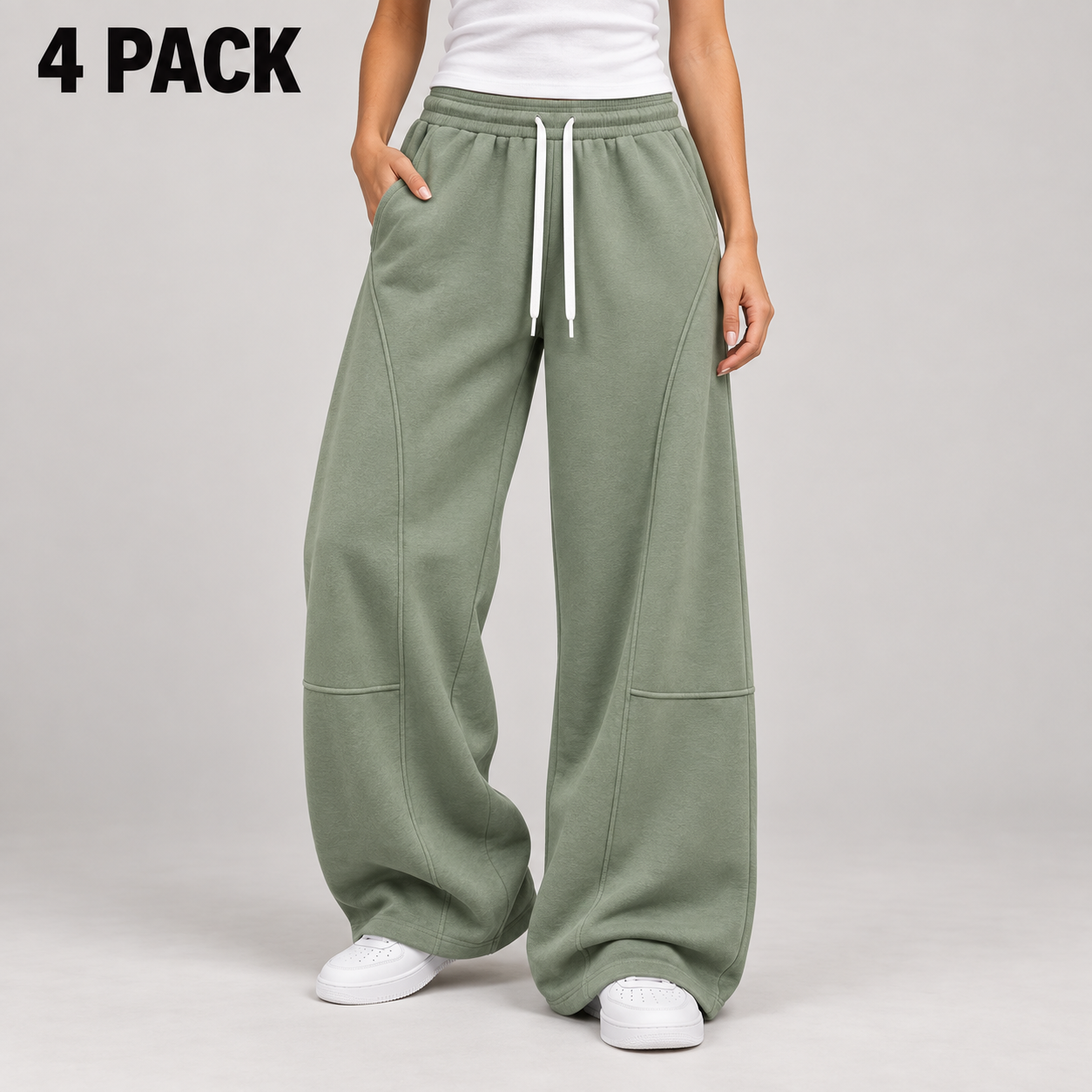 Faceless adult female wearing sage green wide-leg sweatpants, labeled 4 PACK.