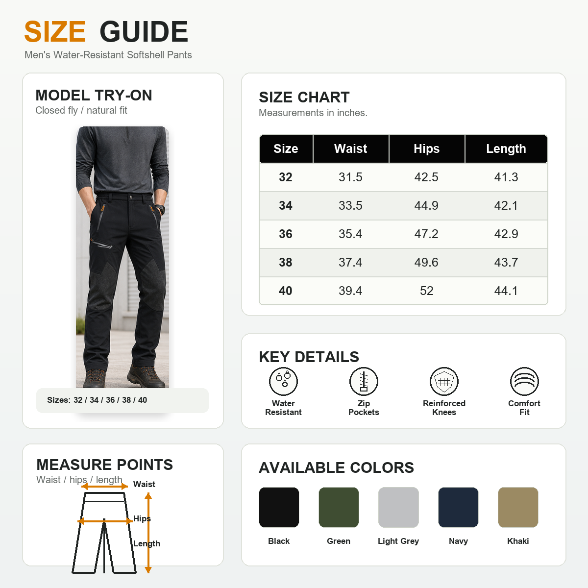 Size chart for waist hips and length measurements