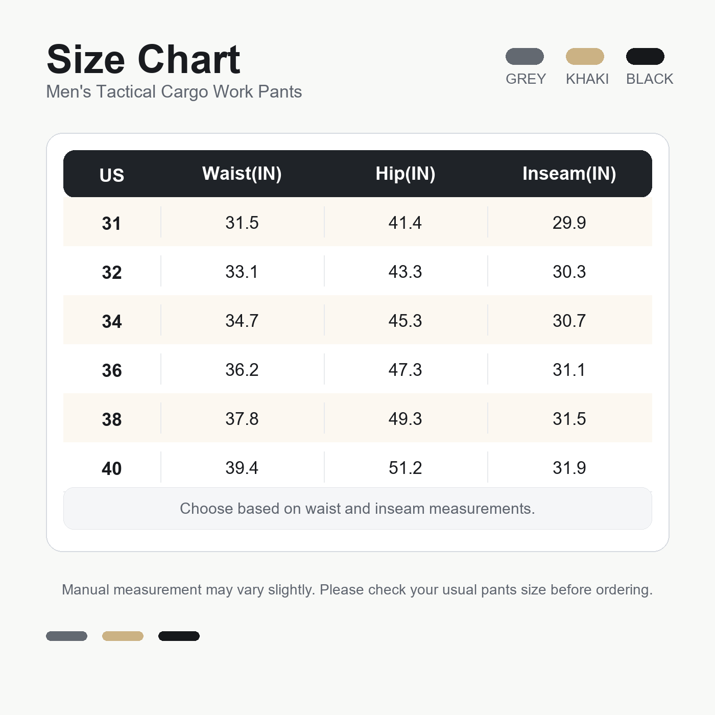 Size chart for men tactical cargo work pants