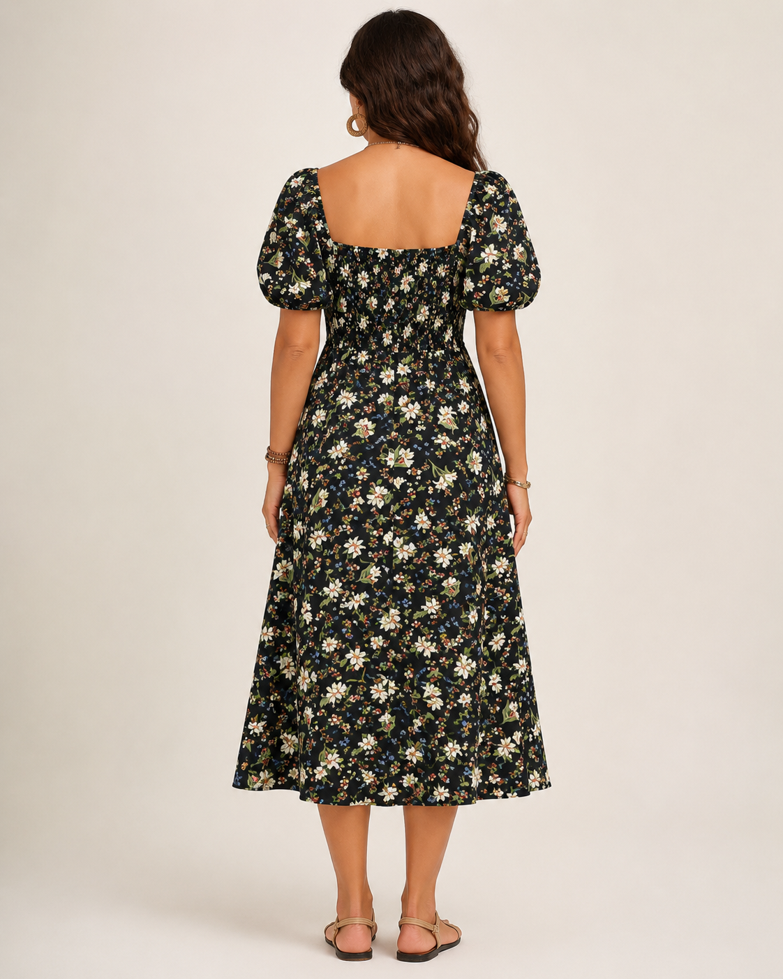 Dusty Rose Ditsy Floral square neck puff sleeve midi dress front