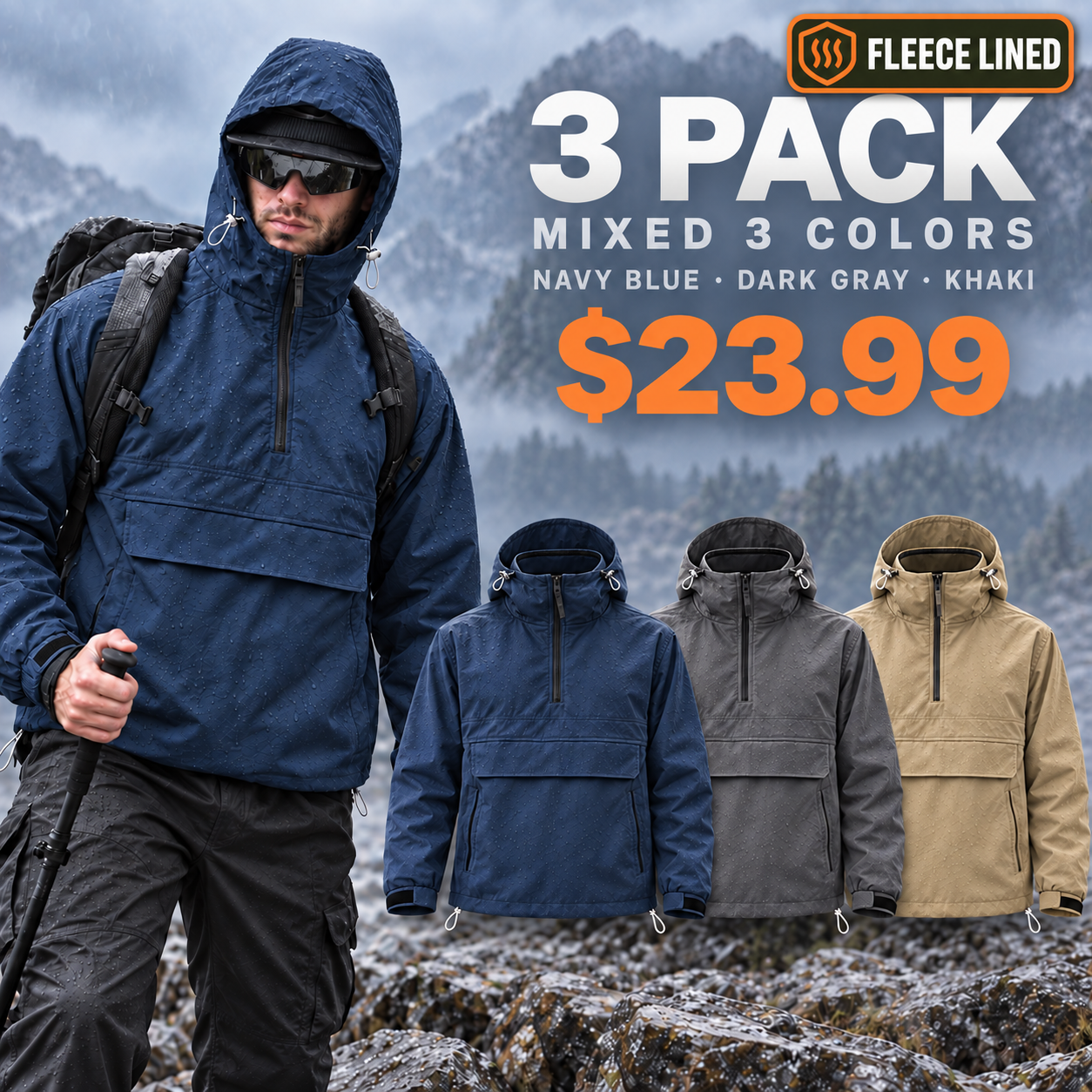 Fleece Lined 3 Pack in Navy Blue Dark Gray and Khaki