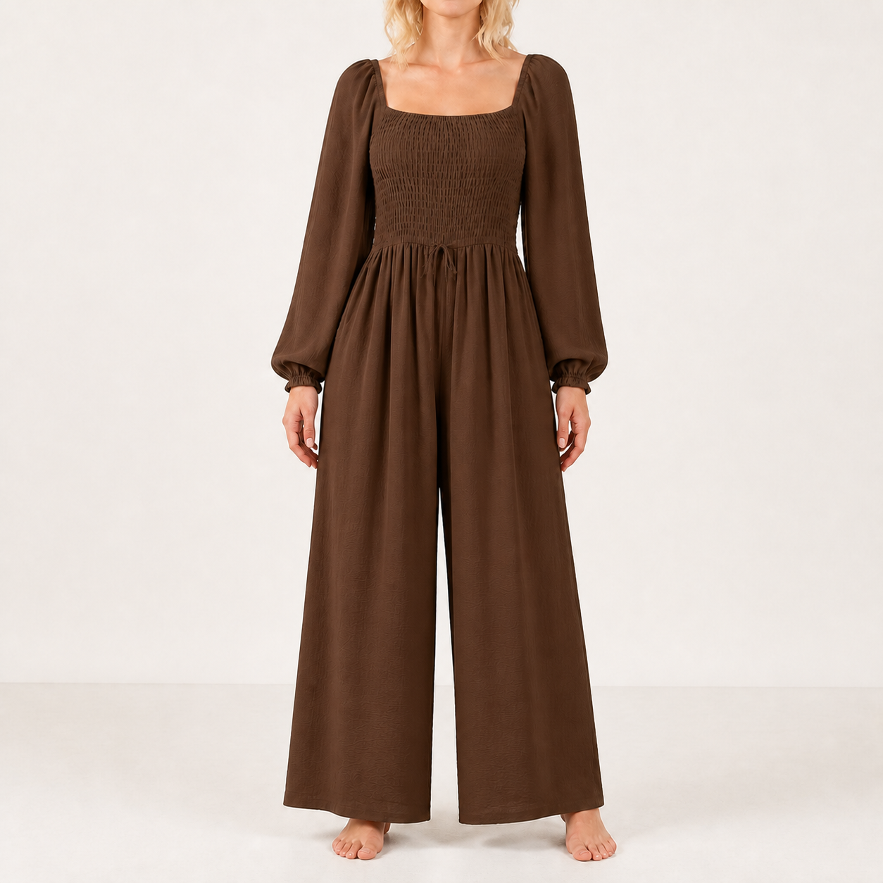 Women's square-neck smocked wide-leg jumpsuit — Coffee 8-Pack