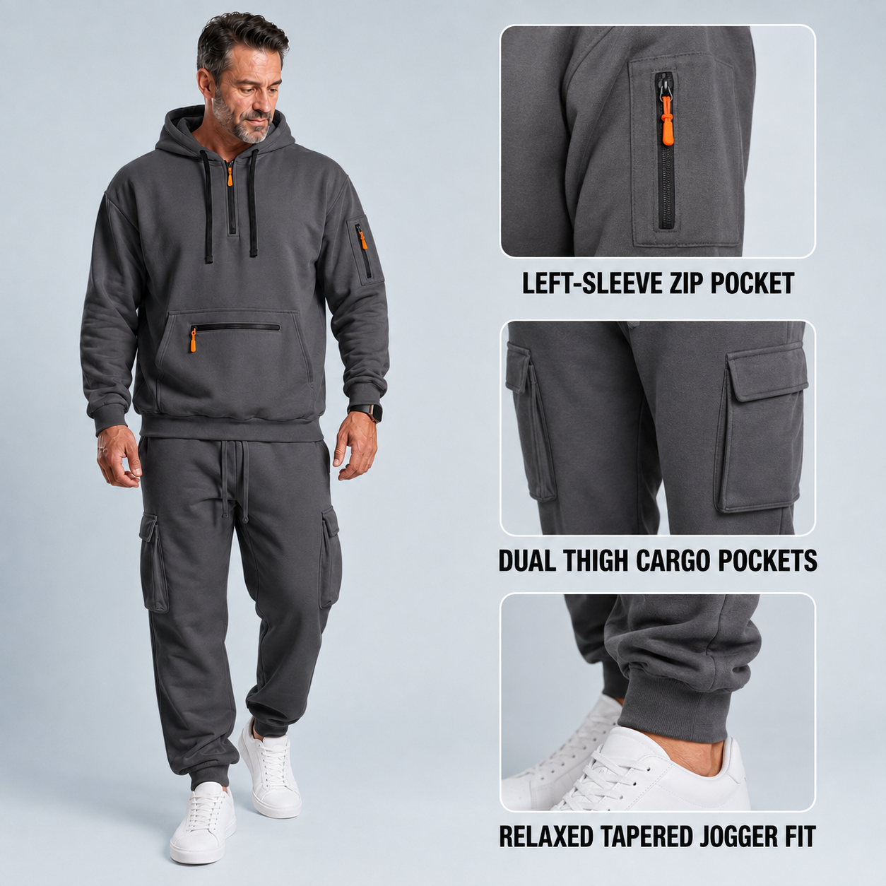 Sleeve zip pocket, cargo pockets and rib ankle cuff details