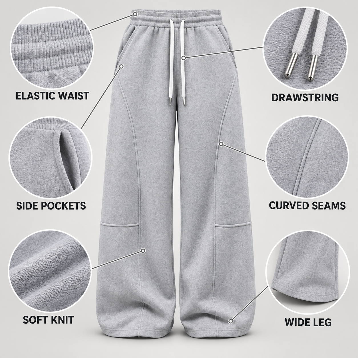 Detail callouts for the waistband, drawstring, pockets, curved seams, knit fabric, and wide leg.