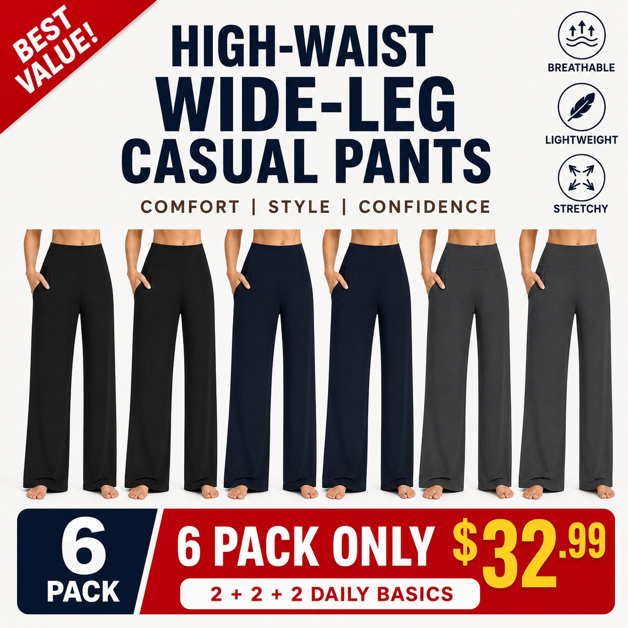 Triple Color 6-Pack 2 Black 2 Navy and 2 Charcoal high-waist wide-leg casual pants