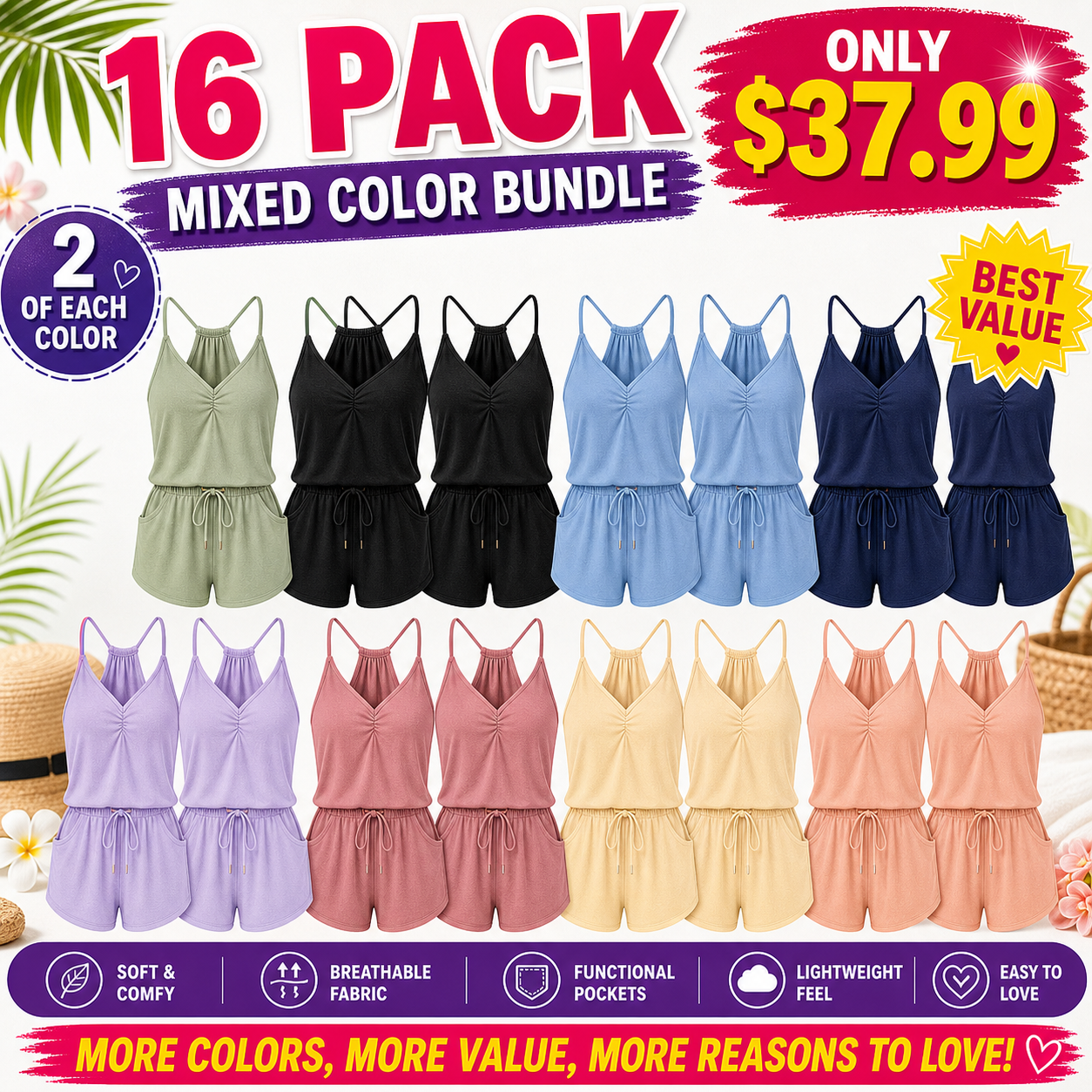Limited Deal 8-Pack Women's Textured Modal Blend V-Neck Racerback Lounge Rompers
