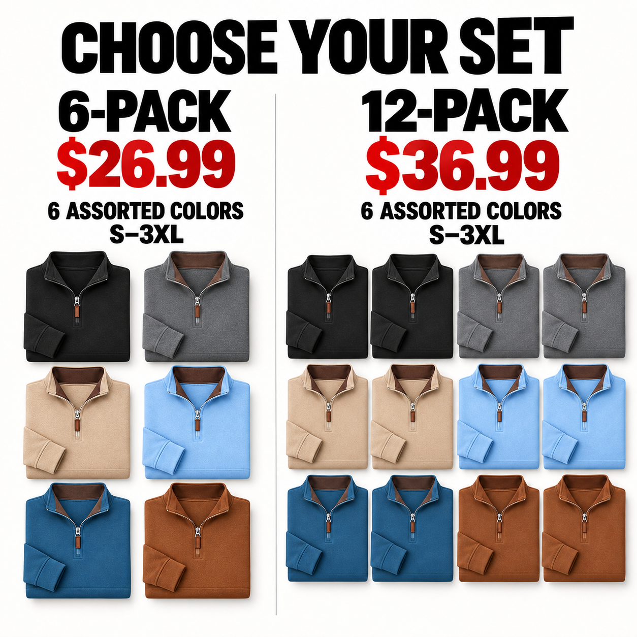 Comparison of the six-piece $26.99 assortment and twelve-piece $36.99 assortment in six colors