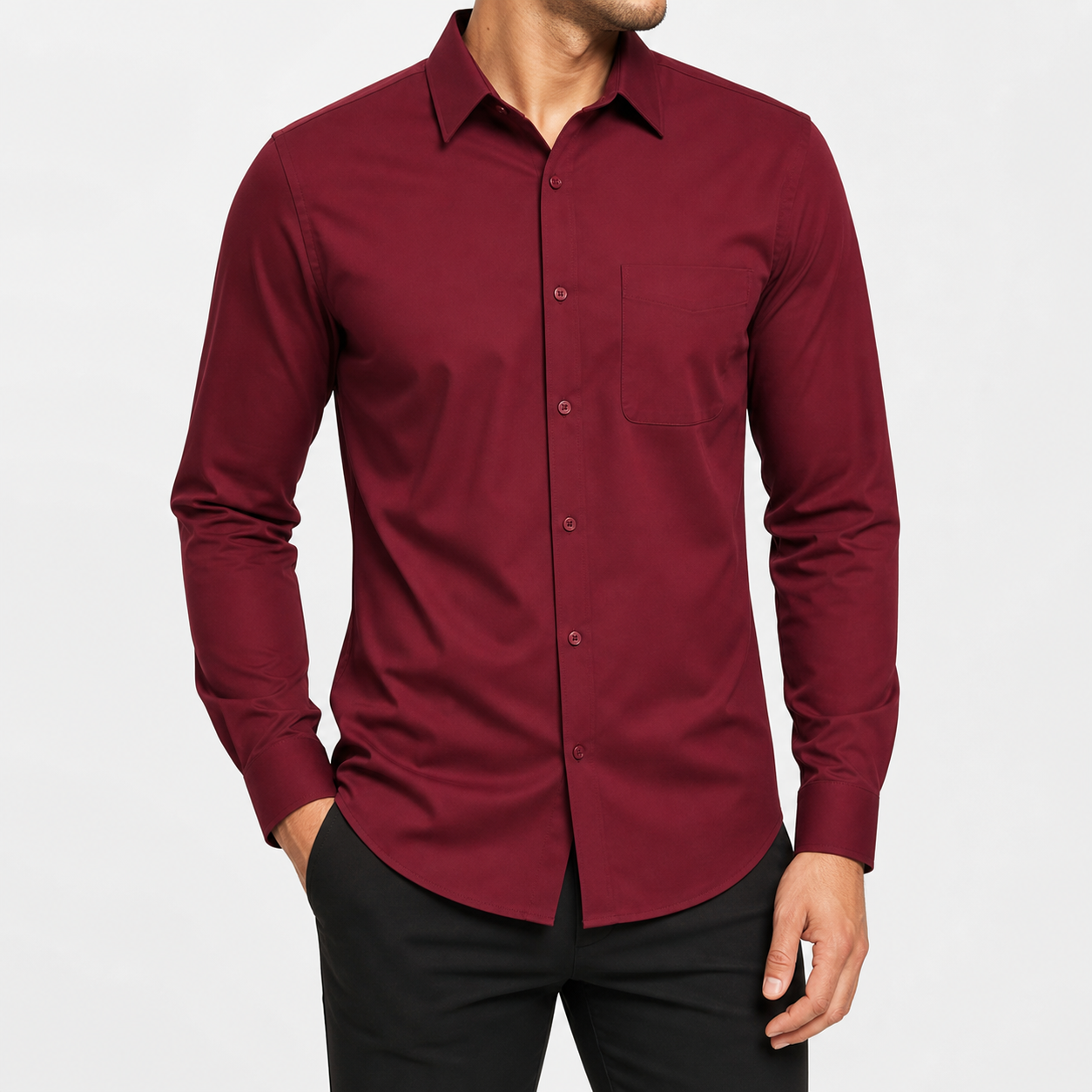 Wine Red men's slim fit long sleeve button down dress shirt