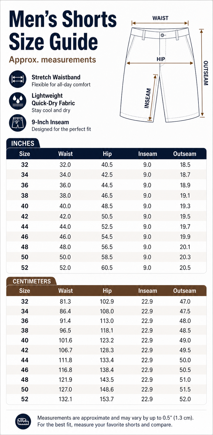 Men's 9-inch shorts size guide waist hip inseam outseam