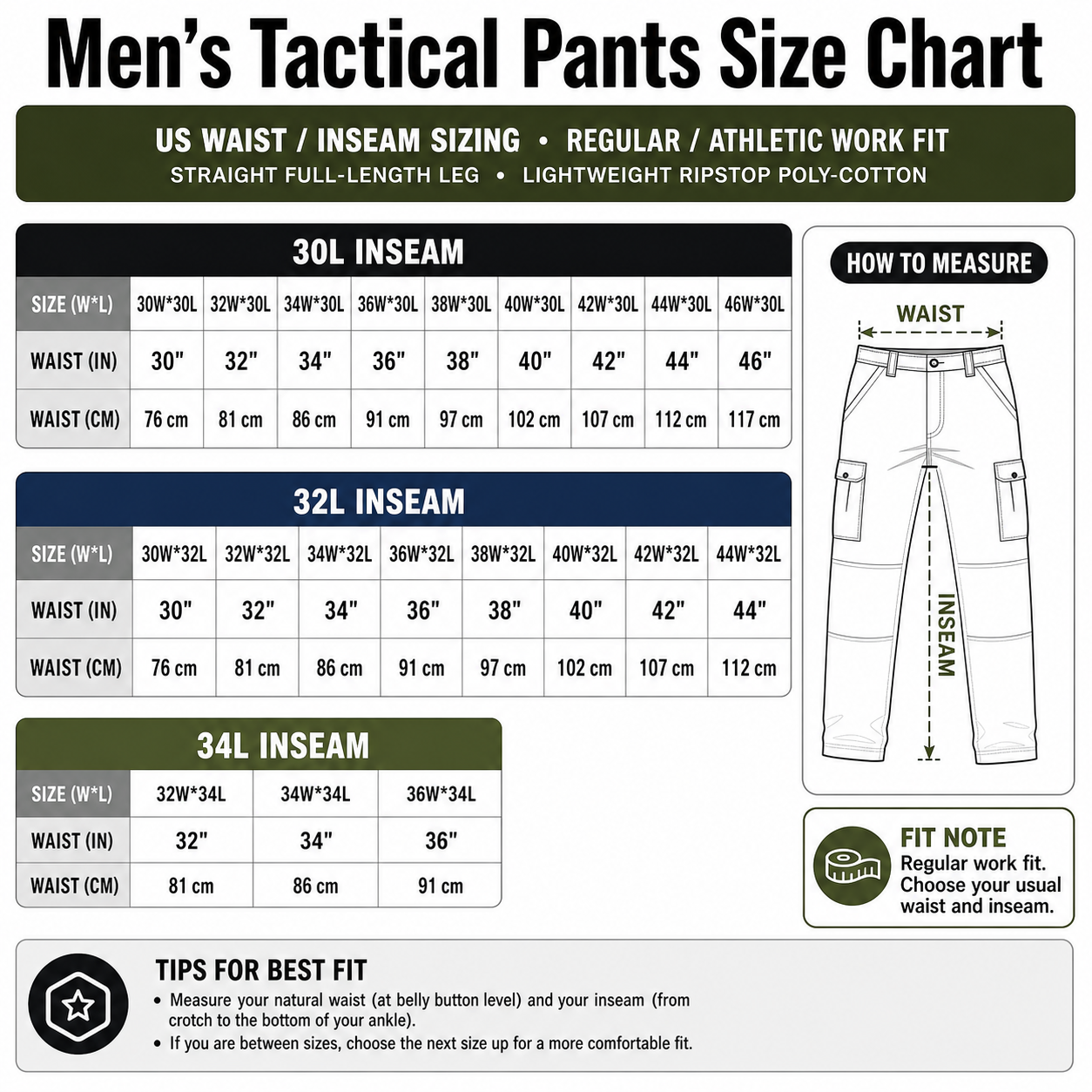 Men tactical pants waist and inseam size chart