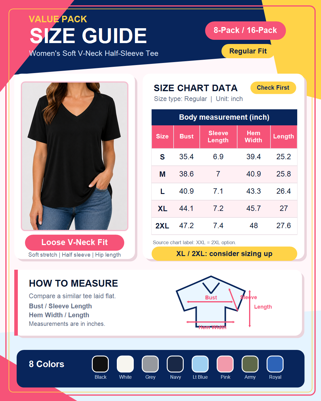 Women's soft V-neck T-shirt size and fit guide
