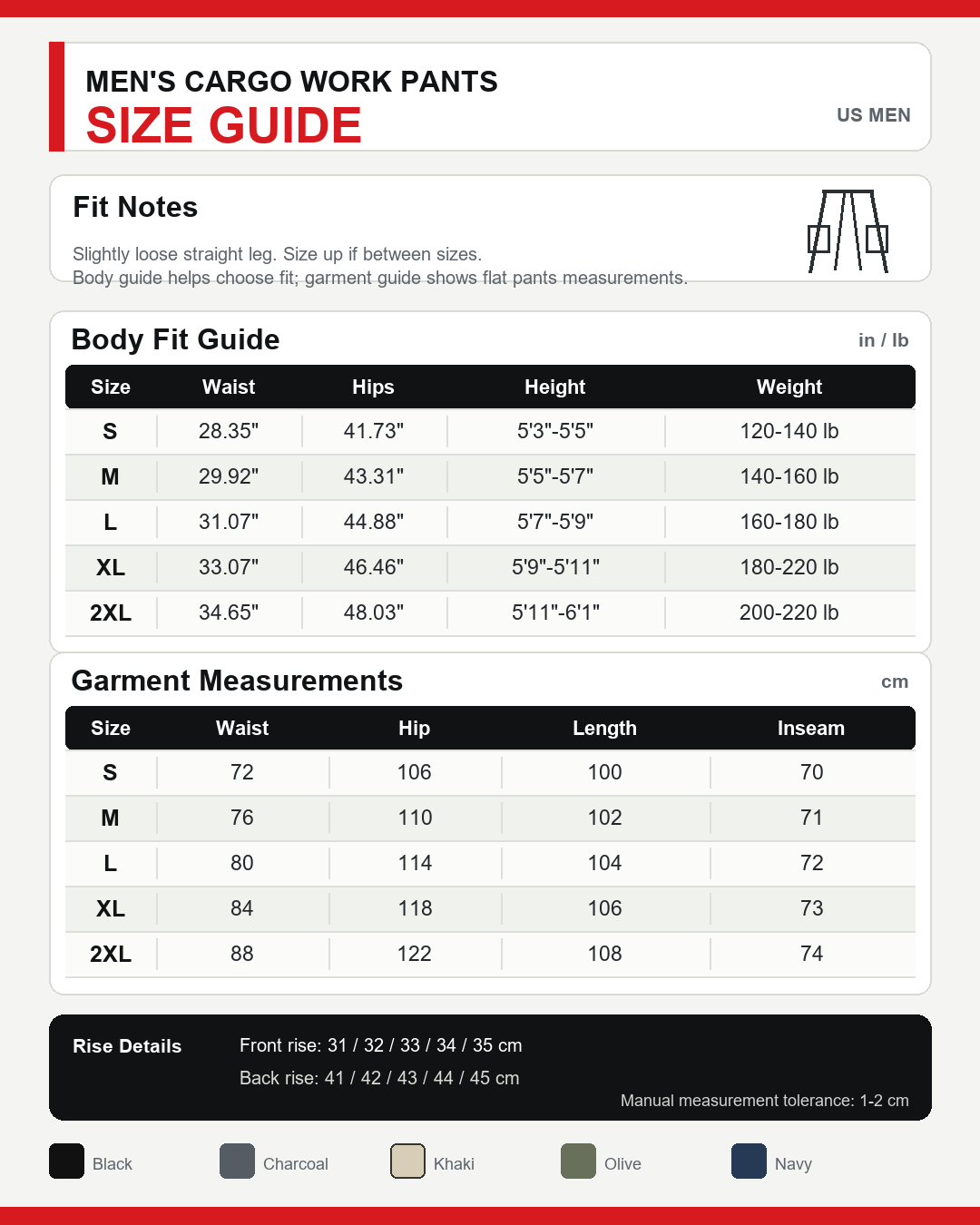 Men's cargo work pants size guide