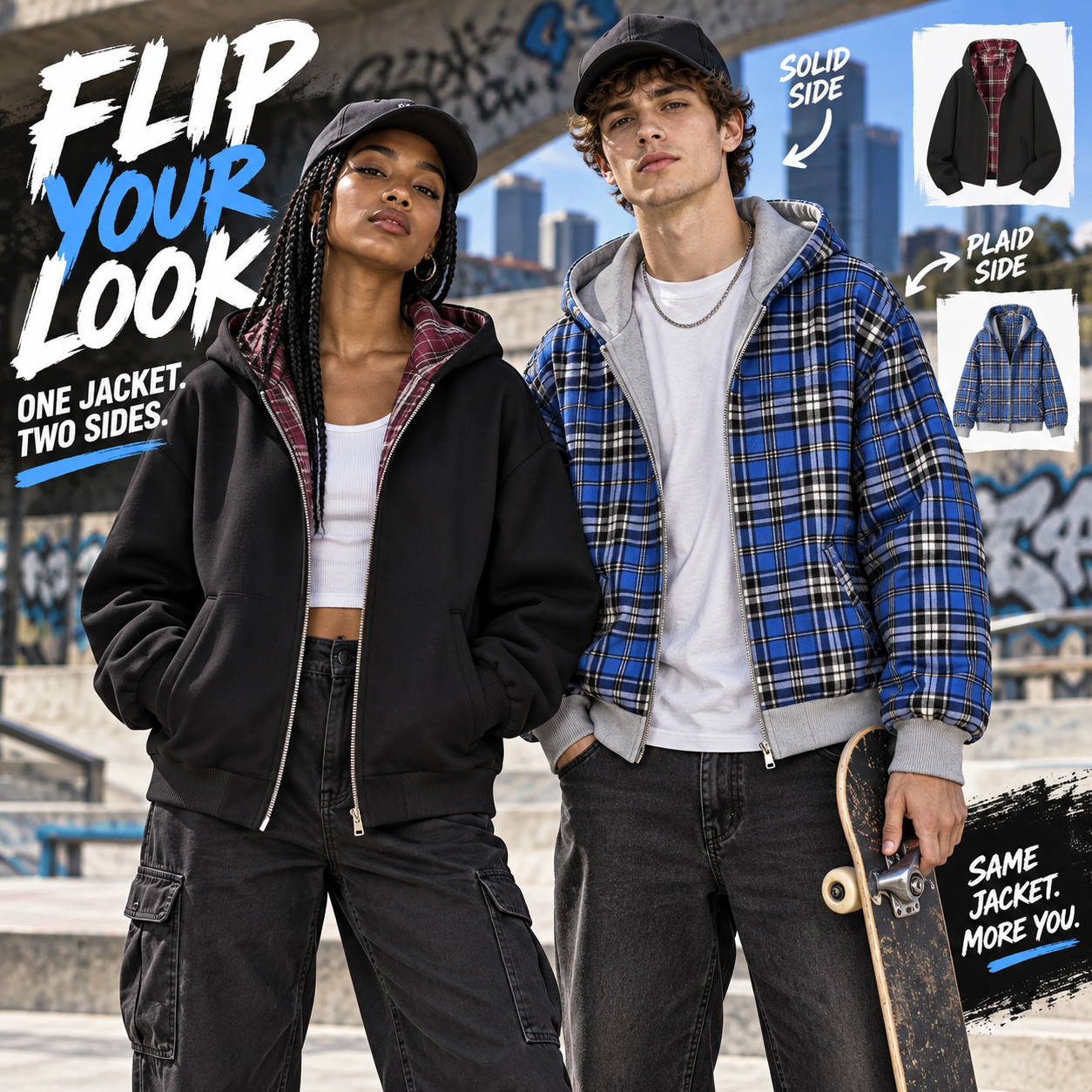 Unisex reversible jacket streetwear styling