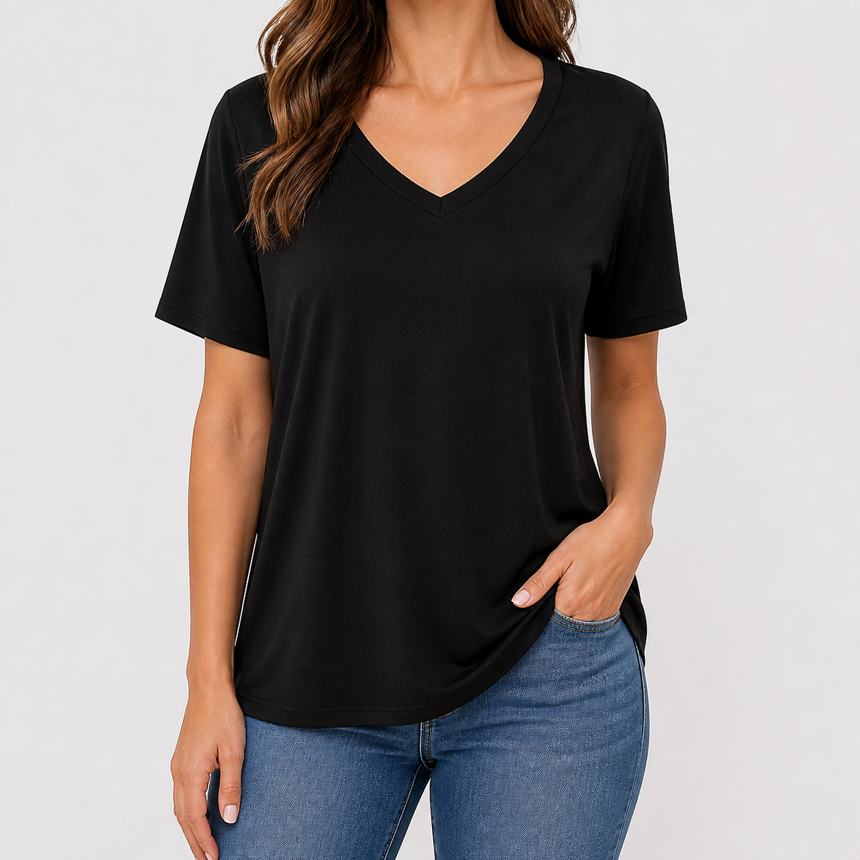 Women's soft V-neck half-sleeve T-shirt front model try-on
