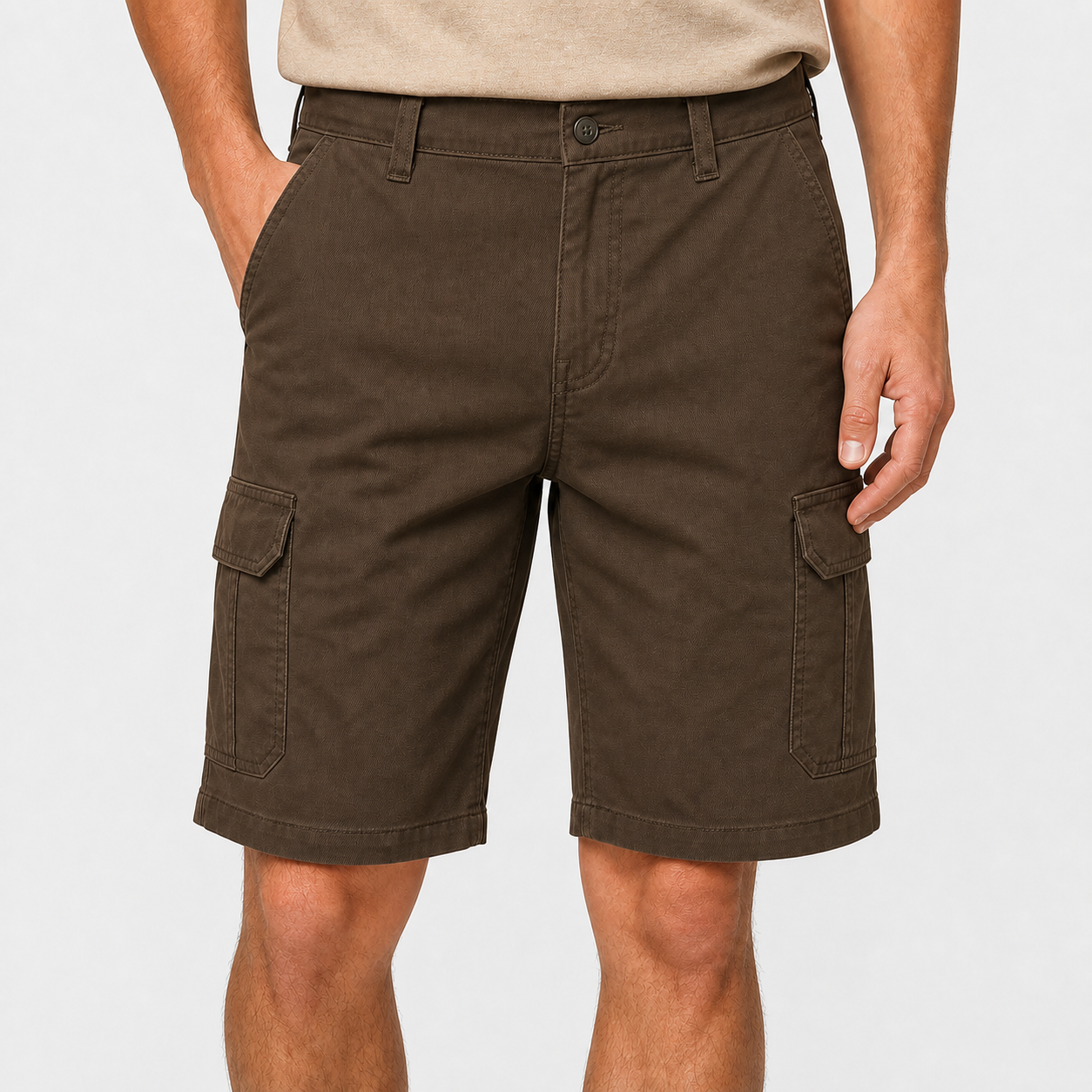 Men's classic stretch cargo shorts dark brown color