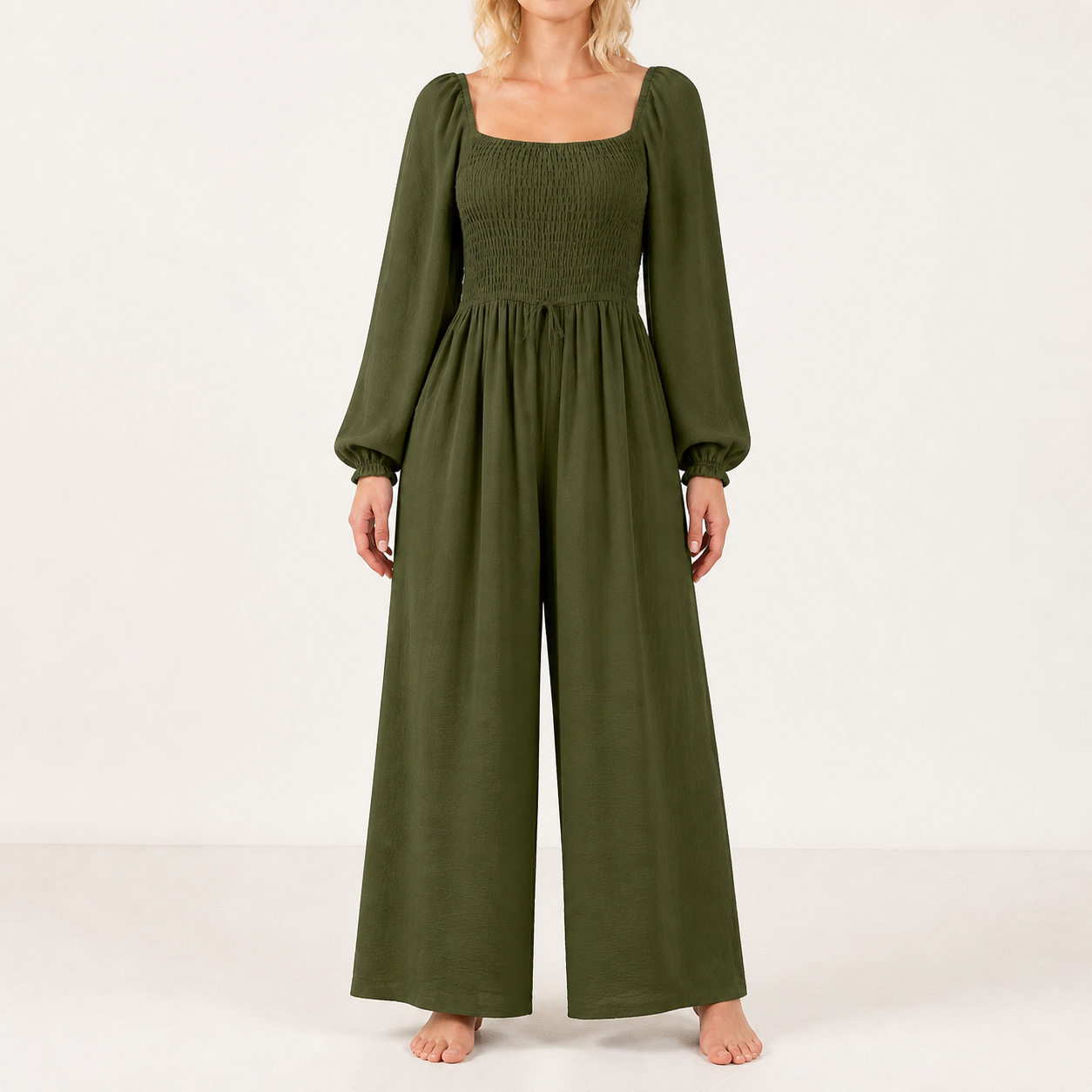 Women's square-neck smocked wide-leg jumpsuit — Jungle Green 8-Pack