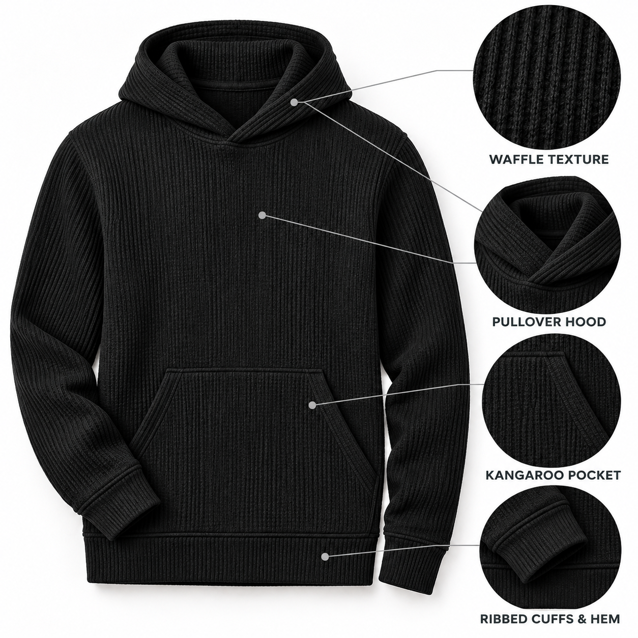 Waffle texture hood kangaroo pocket cuffs and hem details